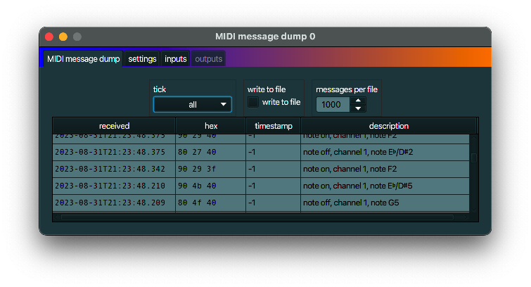 MIDI message dump
